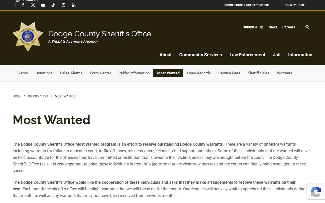 Dodge County Most Wanted warrant-list record interface