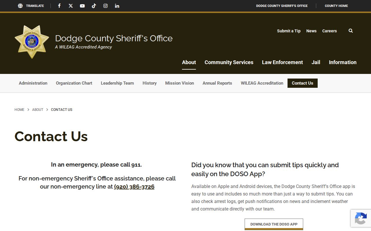 Dodge County Sheriff app and booking-record contact route